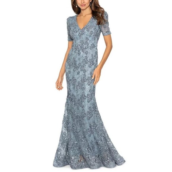 XSCAPE Women's Floral Soutache Sequin Puff-Sleeve Lace Gown Maxi Dress Smoke 4 - Picture 1 of 13